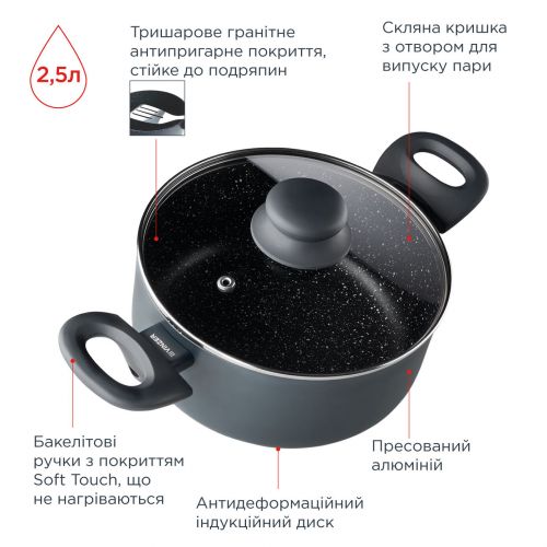 Кастрюля с крышкой VINZER Stone Induction Line 2,5 л (50445) - фото 4