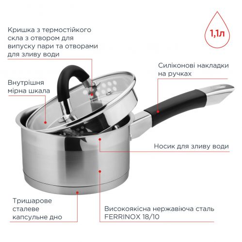 Сотейник с крышкой VINZER Progresso Ø 14 см 1.1 л (89050) - фото 4