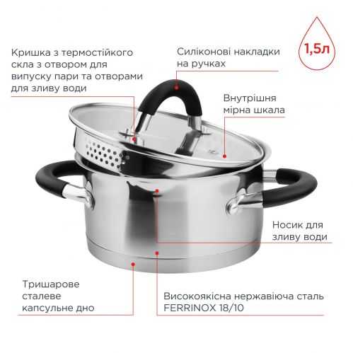 Кастрюля с крышкой VINZER Progresso Ø 16 см 1.5 л (89052) - фото 4