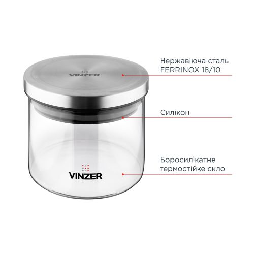 Емкость для хранения продуктов стеклянная VINZER 0,4 л. 9.5 x 9.5 x 10.2 см. (50732) - фото 4