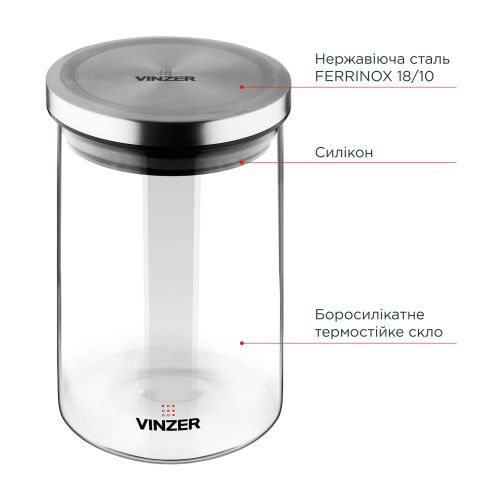 Емкость для хранения продуктов стеклянная VINZER 0,75 л. 9.5 x 9.5 x 15.7 см. (50735) - фото 4