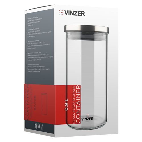 Емкость для хранения продуктов стеклянная VINZER 0,9 л. 9.5 x 9.5 x 18.2см. (50736) - фото 5