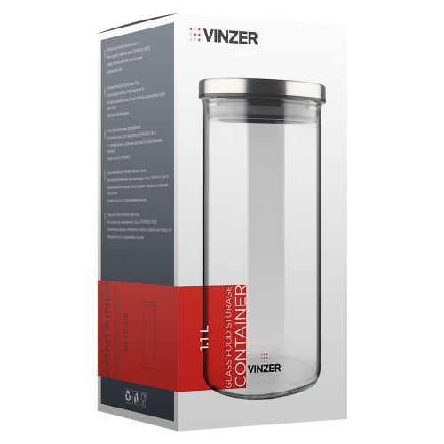 Емкость для хранения продуктов стеклянная VINZER 1,1 л. 9.5 x 9.5 x 21.7 см. (50739) - фото 5