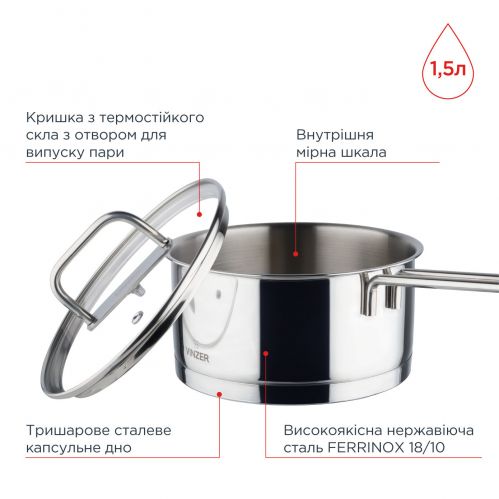 Сотейник с крышкой VINZER Glossy 16 см 1.5 л (50042) - фото 4
