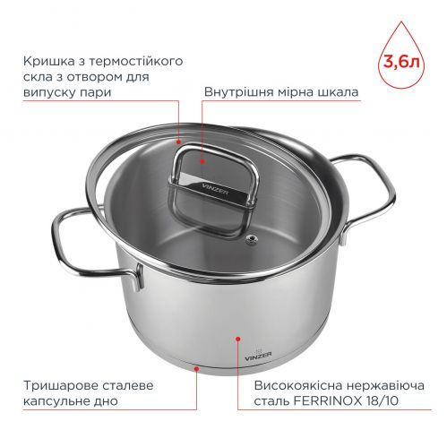 Кастрюля с крышкой VINZER Glossy 20 см 3.6 л (50044) - фото 4